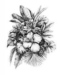 A detailed black and white illustration of tropical flowers and foliage.