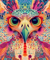 A vibrant, abstract depiction of an owl, showcasing intricate patterns and colors.