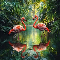 Fototapeta premium Two vibrant flamingos reflect in serene waters surrounded by lush tropical foliage, creating a tranquil and exotic scene.