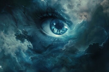 Surreal double exposure of an eye with stormy clouds reflecting in it