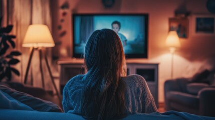 Naklejka premium Woman Watching Television in a Cozy Living Room