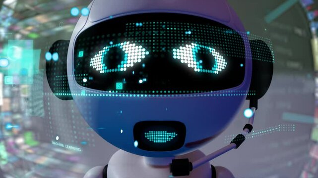 Closeup of robot head animation with data interface hud graphic. Modern high-technology animation