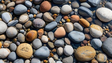 A close-up shot of smooth, colorful river rocks submerged in clear, shallow water.