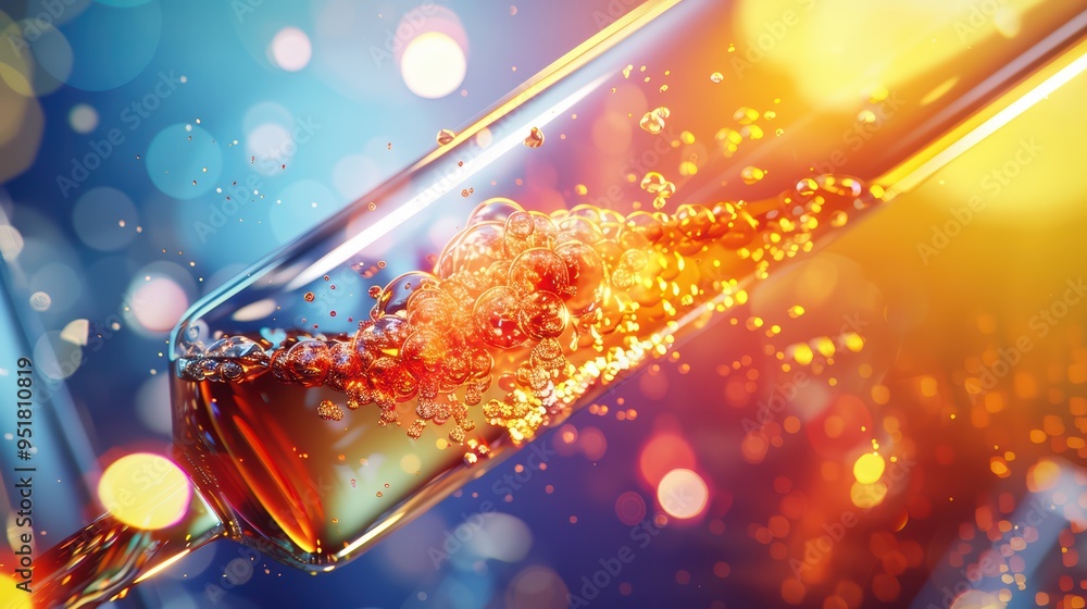 Poster a vibrant close-up of a test tube filled with colorful liquid, showcasing dynamic bubbles and reflec