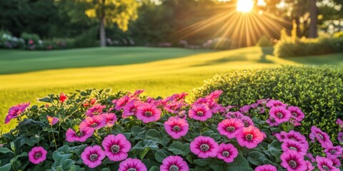 Fototapeta premium Foreground flower gardens and meadows,Blossoming Spring Park: Abstract Floral Fusion for Joyful Outdoor Experiences. Minimalist Design with Elegant Gradient Textures, Perfect for Posters, UI, Web, and