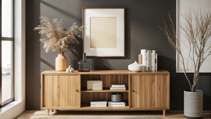A cozy interior space featuring a wooden cabinet topped with books and decorative items.