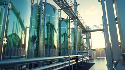 Fototapeta premium Industrial scene with large glass storage tanks reflecting sunlight, networks of pipes, and walkways, showcasing a high-tech, futuristic facility.