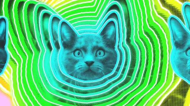 Seamless animation of cartoon style cats with rainbow colors and echo effect. Stop motion minimal animal art with pastel colors halftone style background.