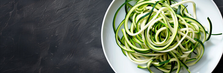Zucchini noodles on a white plate over a dark background, top view with copy space. Stylized flourish for a cooking concept.