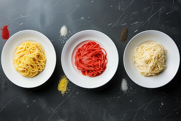 Three white bowls with pasta of different colors on a black background. One bowl contains red spaghetti, the second has yellow pasta, and the third has cream-colored noodles