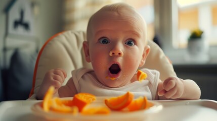 Fototapeta premium A baby with wide eyes and open mouth sits in a high chair, eagerly enjoying slices of bright orange fruit.