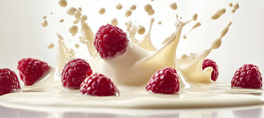 White chocolate splashing with raspberries on a white background