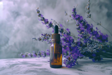 A bottle of essential oil with lavender flowers in the background, featuring light gray and dark purple tones, with a blurred background.
