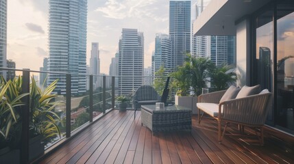 Fototapeta premium A chic urban balcony with wooden flooring, cozy furniture, plants, and a stunning view of skyscrapers, ideal for a relaxed, modern lifestyle.