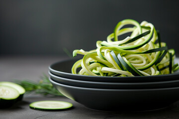 Spiralized zucchini noodles in a black bowl on a dark background, close-up view, with copy space. Concept for a healthy, plant-based meal idea