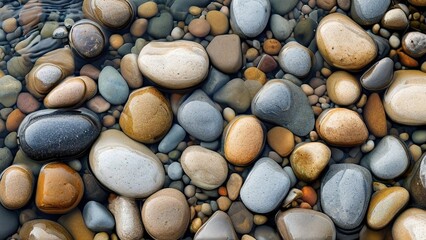 A close-up view of smooth, colorful river rocks partially submerged in clear water.