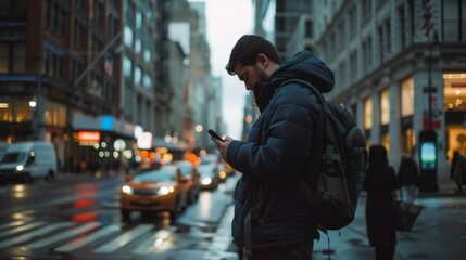 A man in a grey beanie and blue jacket checks his phone as he stands on a busy city street with a yellow taxi passing by.