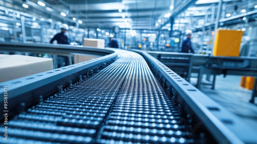 Poster conveyor belts in a modern factory, workers maintaining a safe and efficient production line with fo