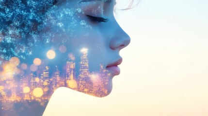 A dreamy profile of a woman with a cosmic blend of colors and lights, representing creativity and imagination.