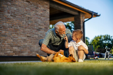 Happy granddad and grandson crouching in backyard with a dog and playing with it.