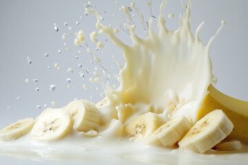 Banana slices and milk splashes on a white background
