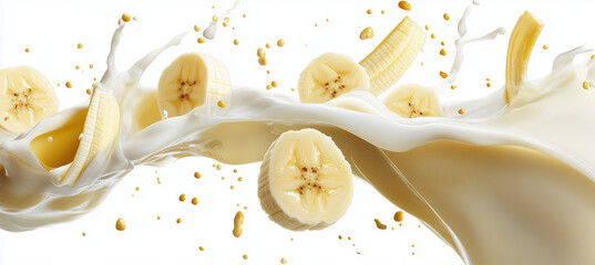 Banana slices and milk splashes on a white background