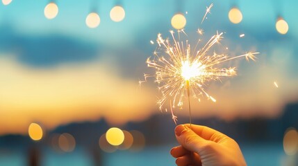 A hand holding a sparkler against a beautiful sunset, creating a magical atmosphere with warm bokeh lights in the background.