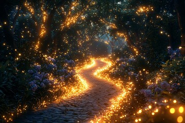 Naklejka premium A magical woodland path illuminated by brilliant lights, perfect for Halloween themed events or decorations, with copy space.