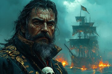 A striking Halloween-themed pirate portrait featuring a skull and ship, perfect for spooky decorations, themed parties, or event promotions with copy space.