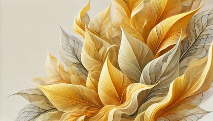 Graceful Arrangement of Golden and Gray Leaves with Flowing Curves and Fine Vein Details on a Soft Light Background