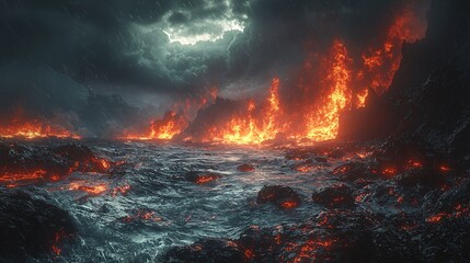 A dramatic Halloween-themed landscape featuring a dark, stormy scene with fiery lava, perfect for spooky events or themed decorations, with copy space.