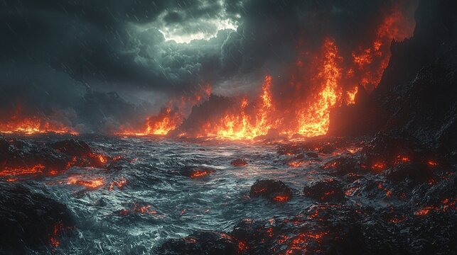 A dramatic Halloween-themed landscape featuring a dark, stormy scene with fiery lava, perfect for spooky events or themed decorations, with copy space.