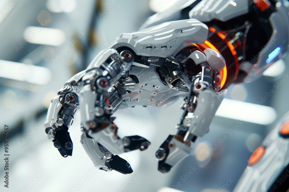 Poster close-up of a futuristic robotic hand, showcasing intricate design and advanced technology elements.