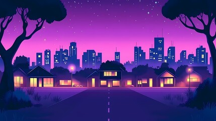 Fototapeta premium A vibrant urban night scene with glowing homes and a purple sky.