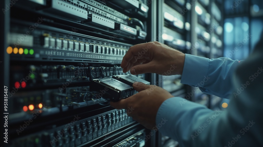 Poster a man is diligently working on a server located within a data center