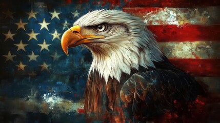 Fototapeta premium majestic bald eagle head seamlessly blending into waving american flag patriotic color scheme bold stars and stripes pattern powerful symbol of freedom and national pride