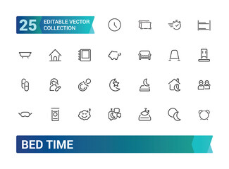 Bed time and sleeping thin line outline icons. Dream and bedtime, sheep and mask for sleep illustration. Editable stroke icons.