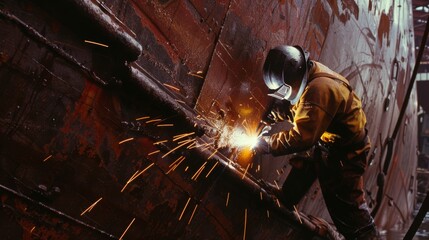 Amidst the shipyard, a focused welder in his gear is captured mid-action, the sparks from his torch illuminating his meticulous work.