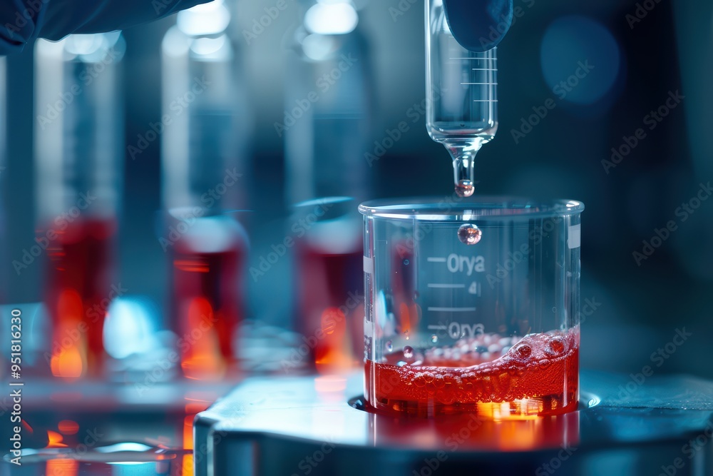 Poster close-up of a scientist's hand using a pipette to transfer liquid into a beaker, showcasing precisio