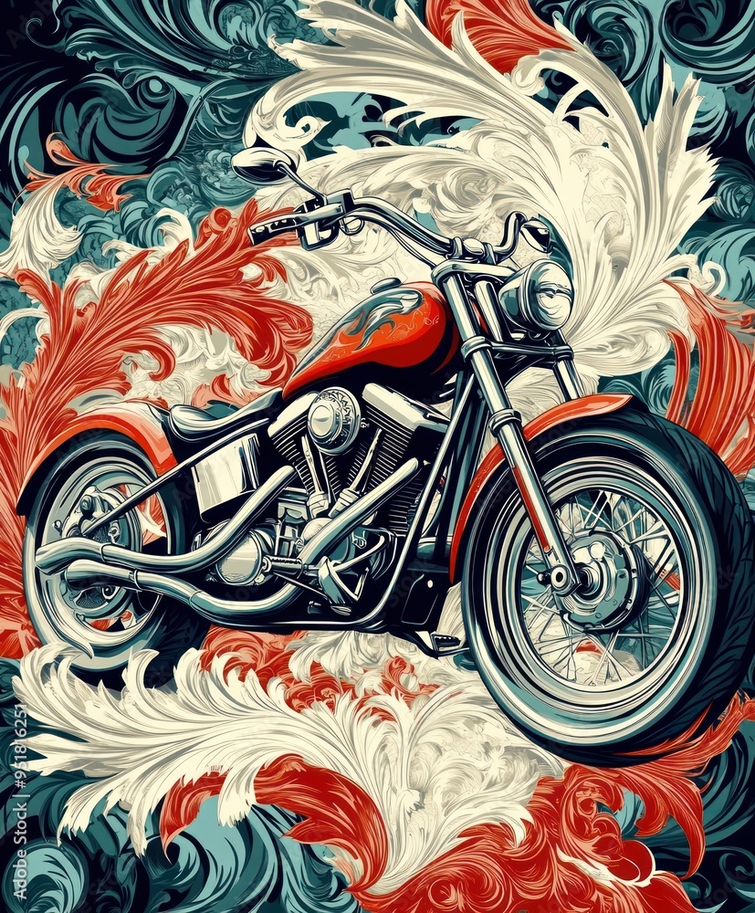 Poster A stylized motorcycle surrounded by vibrant, swirling patterns.