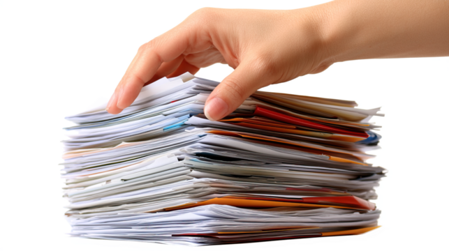 Document stack with hand, office organization.