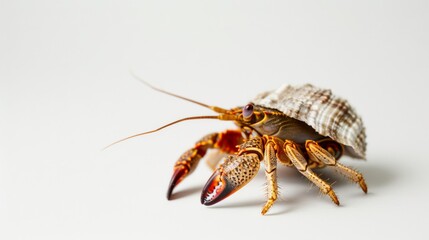 A hermit crab with its shell poised on a plain white background, highlighting the intricate details of its exoskeleton and natural beauty.
