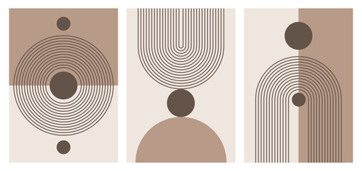 Set of 3. Aesthetic Boho Abstract Prints. Minimal line poster. Boho wall art. Neutral beige brown prints. Mid-century abstract aesthetic background. Vector illustration.