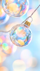 Fototapeta premium A shimmering ornament reflecting colorful lights, perfect for festive celebrations and holiday decorations.