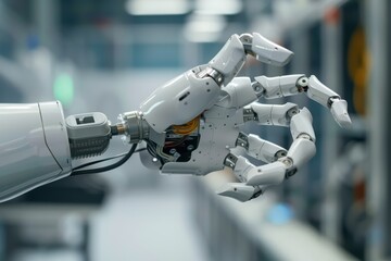 Detailed robotic hand showcasing advanced technology and intricate design, ideal for science, innovation, and automation themes.