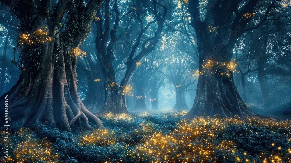 Poster enchanting forest scene with mystical glow, featuring ancient trees and ethereal light illuminating 