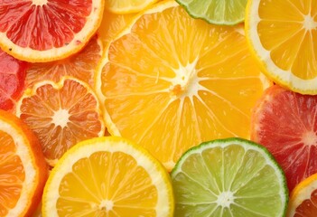Obraz premium Colorful Assortment of Sliced Citrus Fruits for Fresh and Vibrant Decor