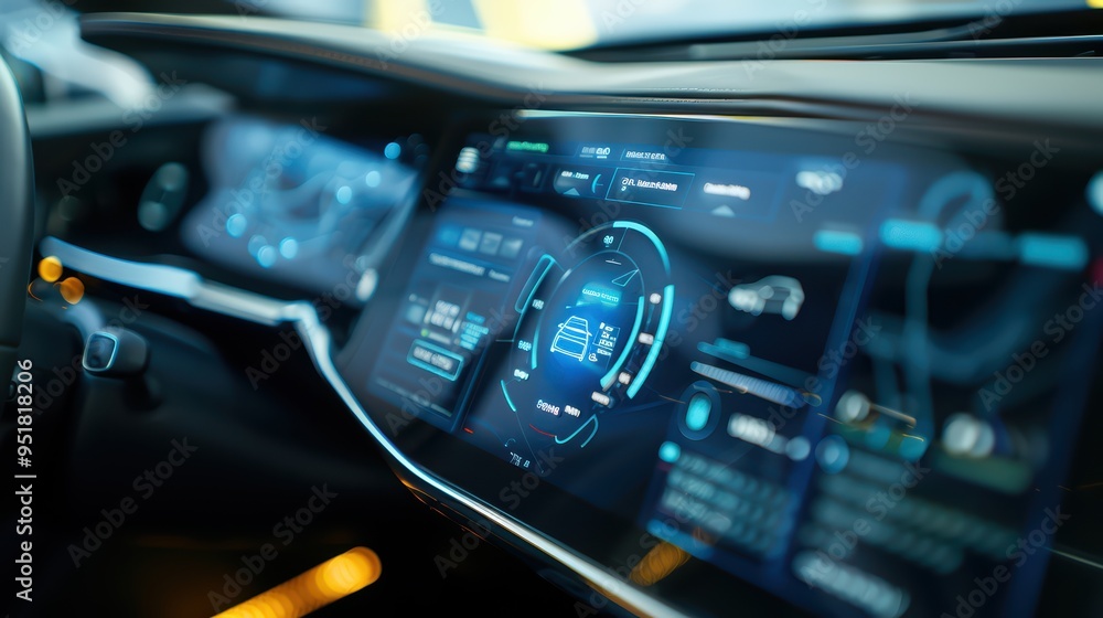 Poster futuristic car dashboard showcasing advanced technology with digital interface and intuitive control
