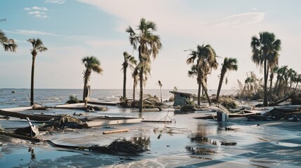 Submerged palm trees and debris scatter a flooded coastal area, aftermath of a powerful storm against a bright sky.
