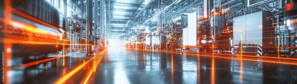 Poster dynamic industrial workspace with illuminated pathways, showcasing modern design and innovation in m